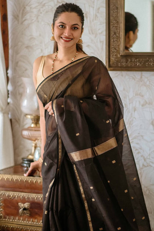 Load image into Gallery viewer, Delightful Black Cotton Silk Saree With Murmurous Blouse Piece
