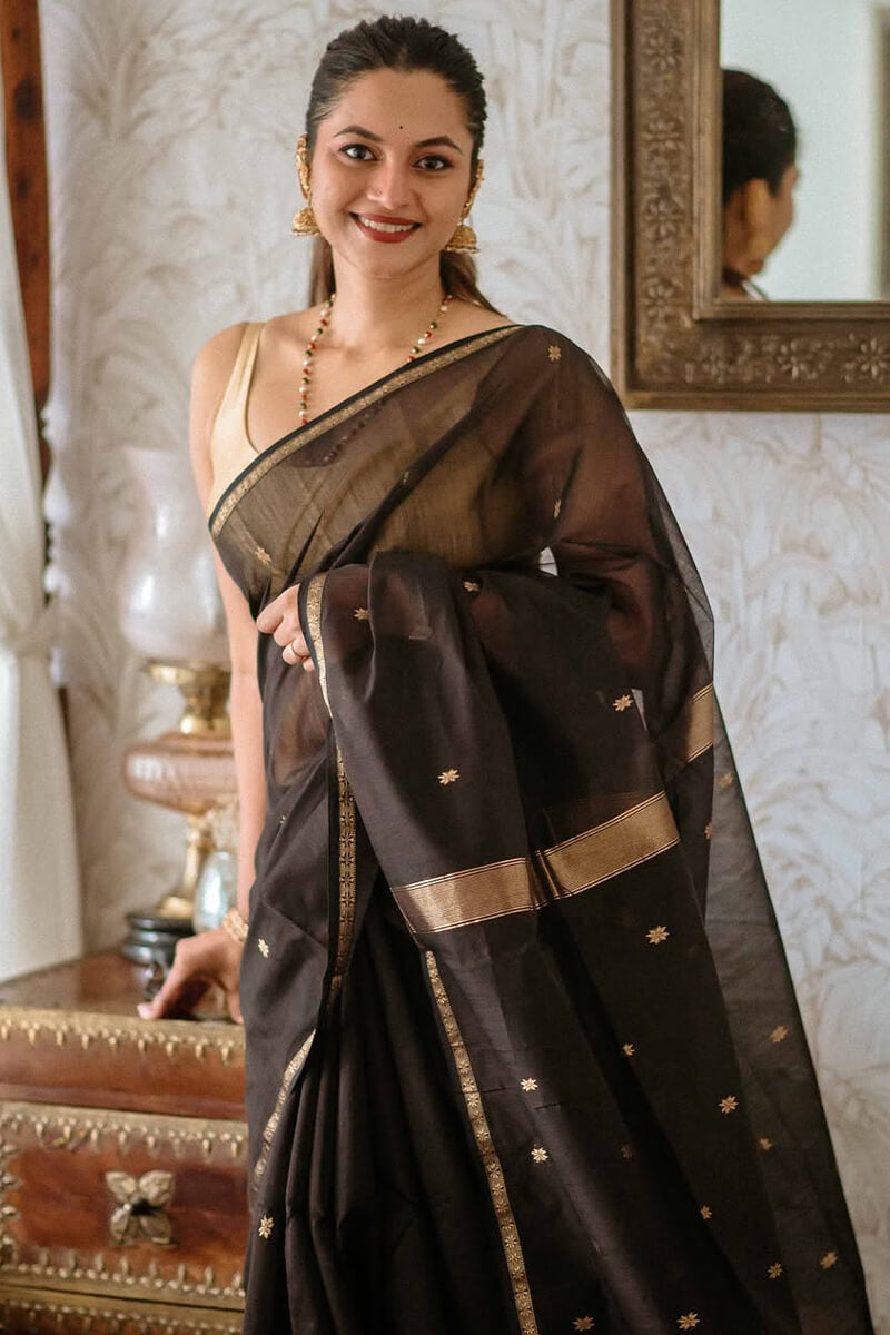 Delightful Black Cotton Silk Saree With Murmurous Blouse Piece