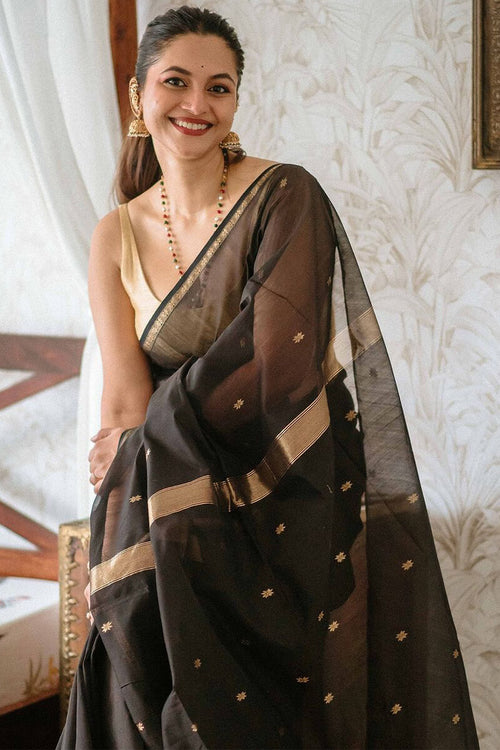 Load image into Gallery viewer, Delightful Black Cotton Silk Saree With Murmurous Blouse Piece
