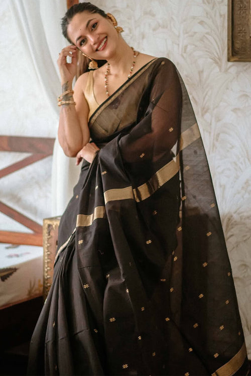 Load image into Gallery viewer, Delightful Black Cotton Silk Saree With Murmurous Blouse Piece
