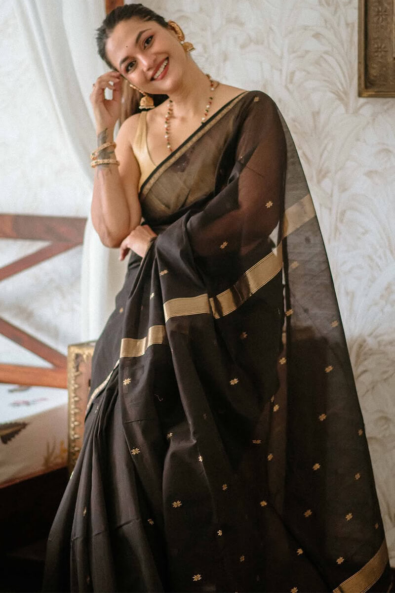 Delightful Black Cotton Silk Saree With Murmurous Blouse Piece