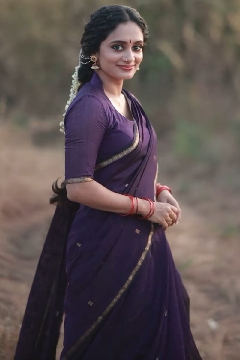 Pleasurable Purple Cotton Silk Saree With Imaginative Blouse Piece