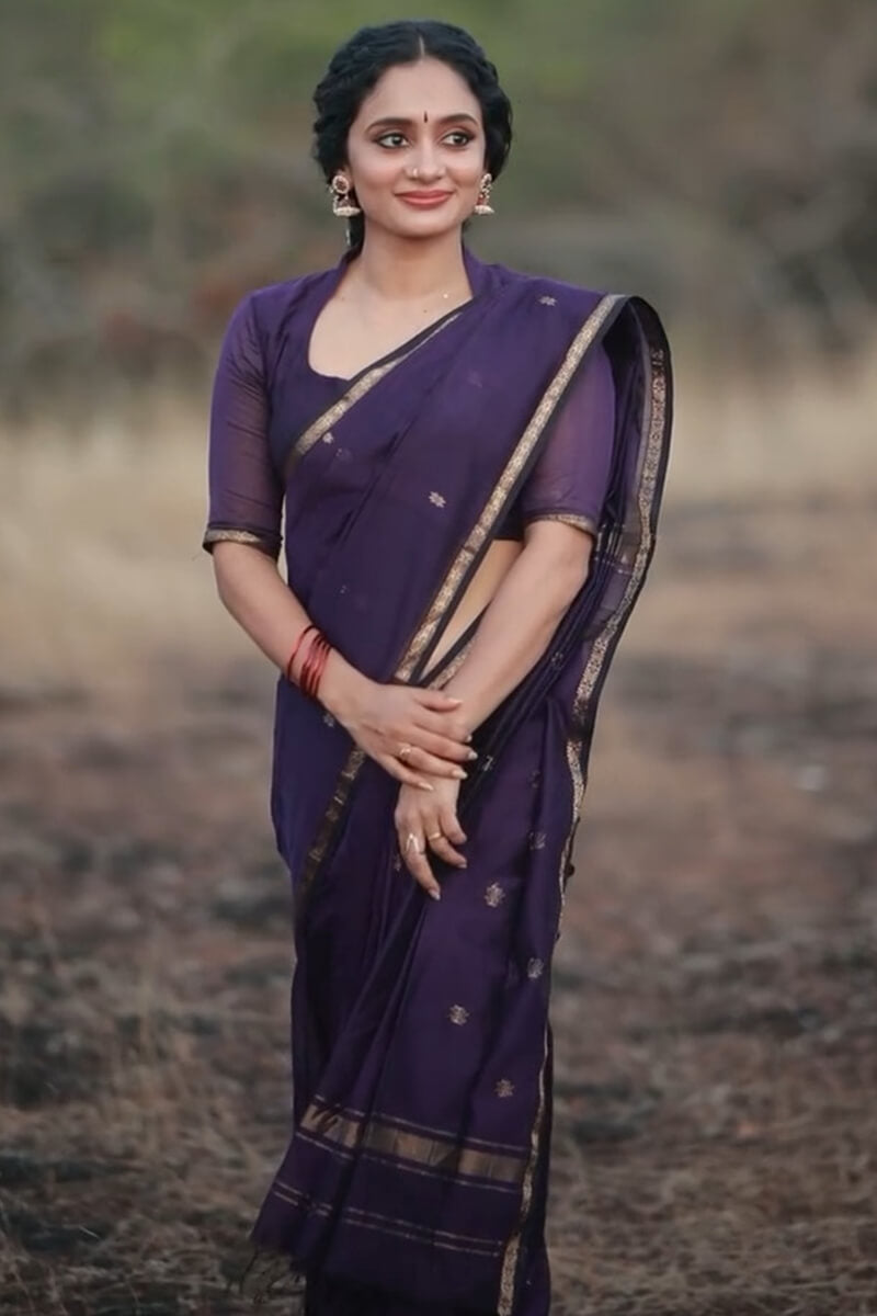 Pleasurable Purple Cotton Silk Saree With Imaginative Blouse Piece