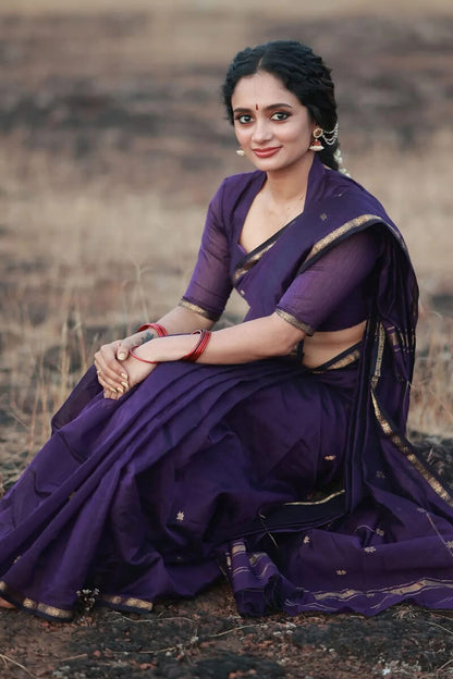 Pleasurable Purple Cotton Silk Saree With Imaginative Blouse Piece