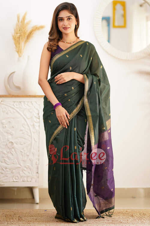 Load image into Gallery viewer, Super Extravagant Green Cotton Silk Saree With Stunner Blouse Piece
