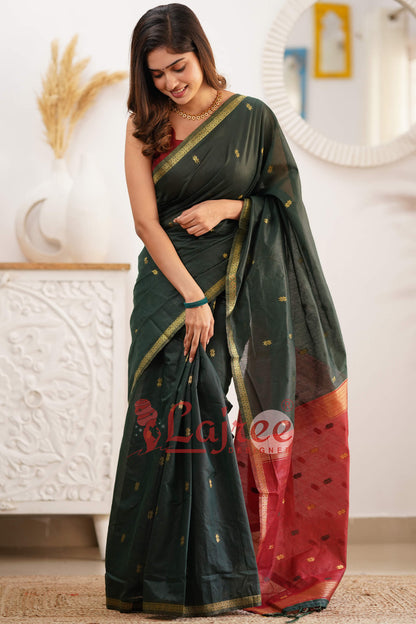 Sophisticated Green Cotton Silk Saree With Prodigal Blouse Piece