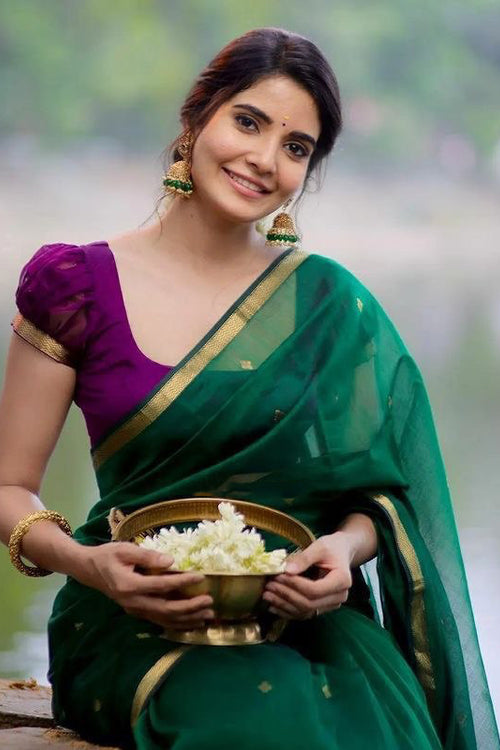 Load image into Gallery viewer, Attractive Green Cotton Silk Saree With Flaunt Blouse Piece
