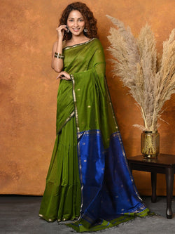 Invaluable Green Cotton Silk Saree With Vibrant Blouse Piece