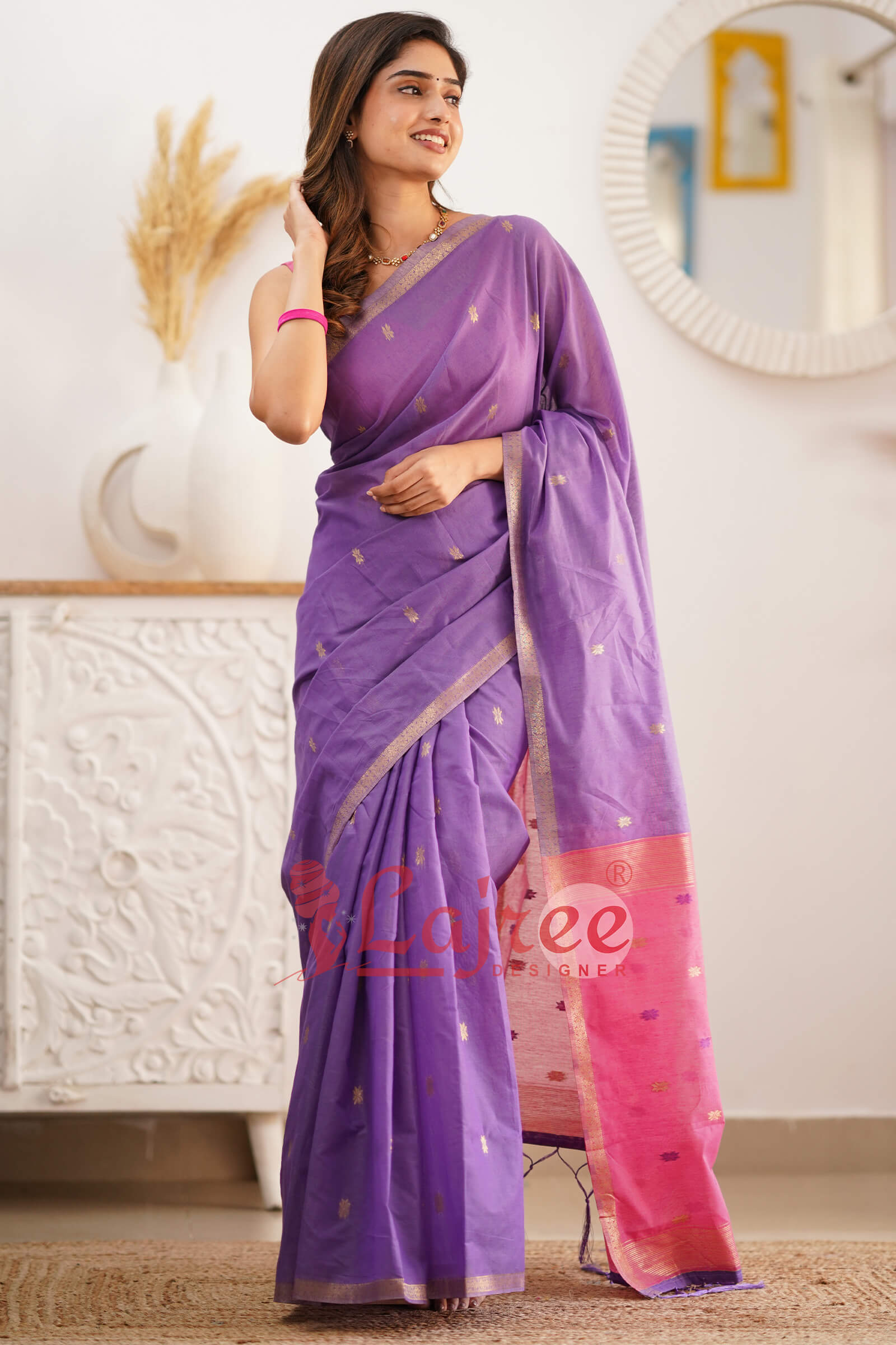 Gorgeous Lavendor Cotton Silk Saree With Sizzling Blouse Piece