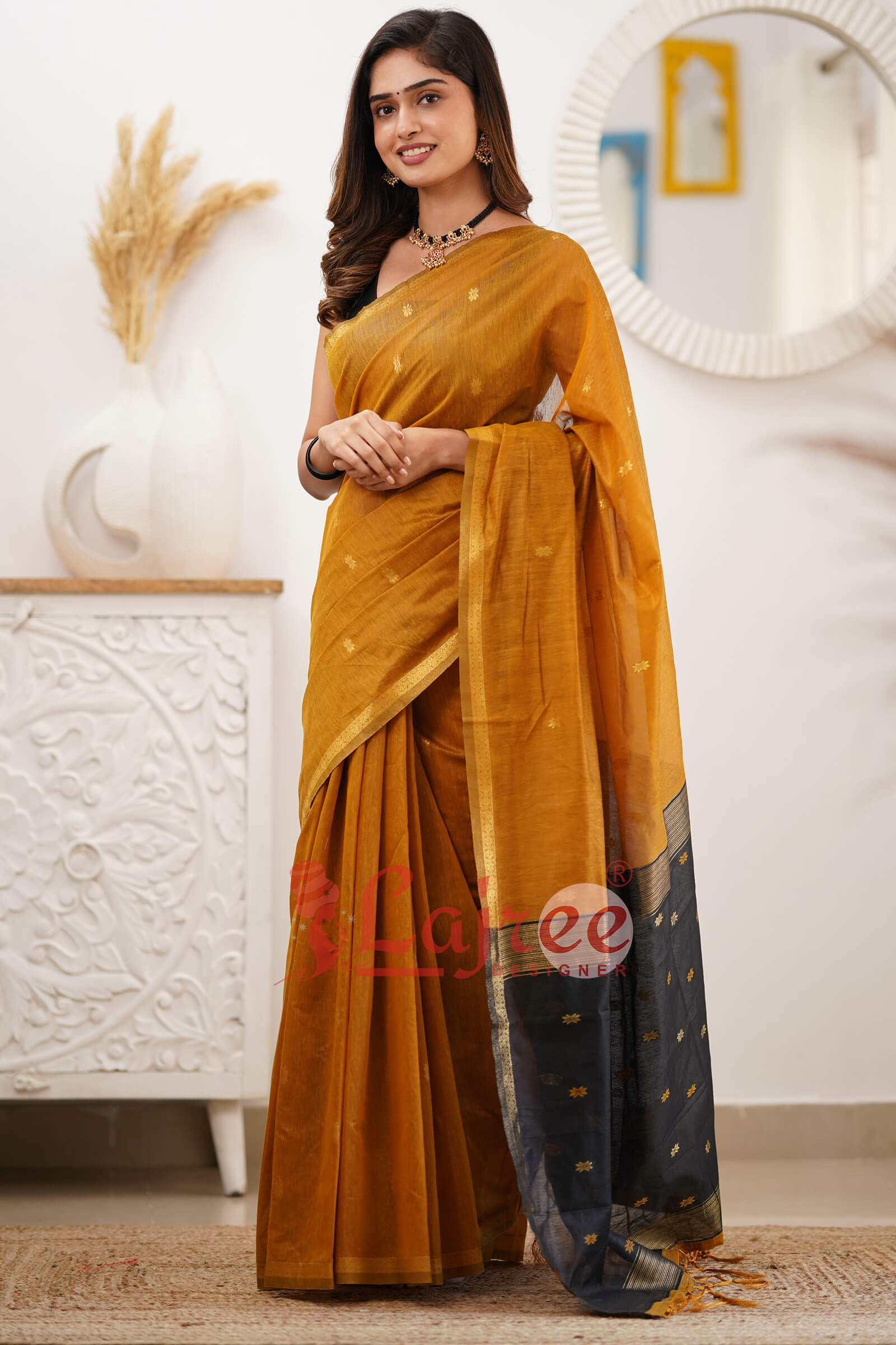 Lovely Mustard Cotton Silk Saree With Refreshing Blouse Piece