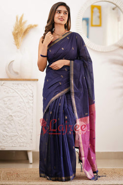 Sizzling Navy Blue Cotton Silk Saree With Mesmerising Blouse Piece