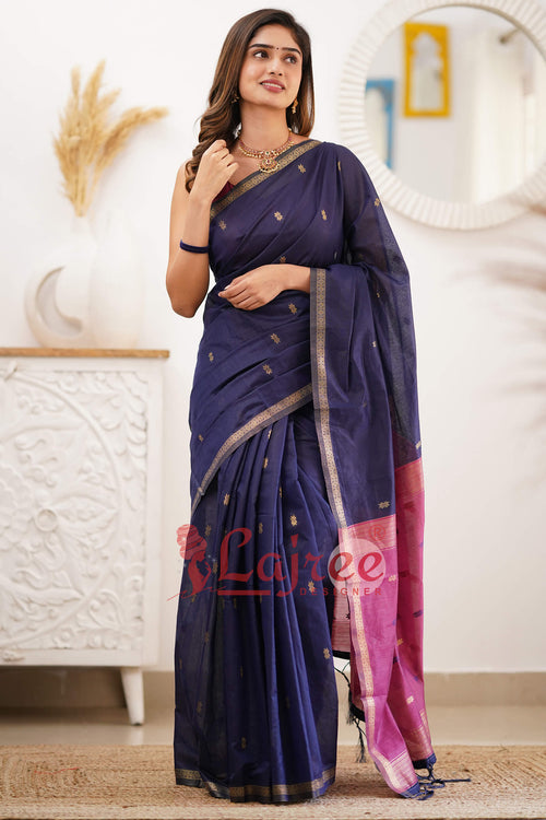 Load image into Gallery viewer, Sizzling Navy Blue Cotton Silk Saree With Mesmerising Blouse Piece
