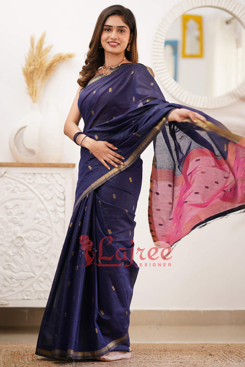 Load image into Gallery viewer, Sizzling Navy Blue Cotton Silk Saree With Mesmerising Blouse Piece
