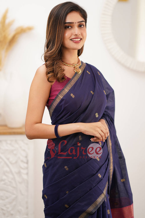 Load image into Gallery viewer, Sizzling Navy Blue Cotton Silk Saree With Mesmerising Blouse Piece
