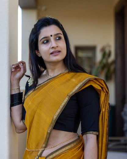 Pretty Mustard Cotton Silk Saree With Beautiful Blouse Piece