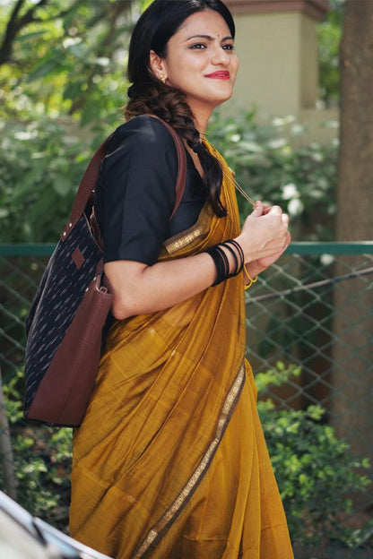 Ethnic Mustard Cotton Silk Saree With Glorious Blouse Piece