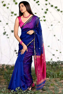 Lissome Navy Blue Cotton Silk Saree With Captivating Blouse Piece