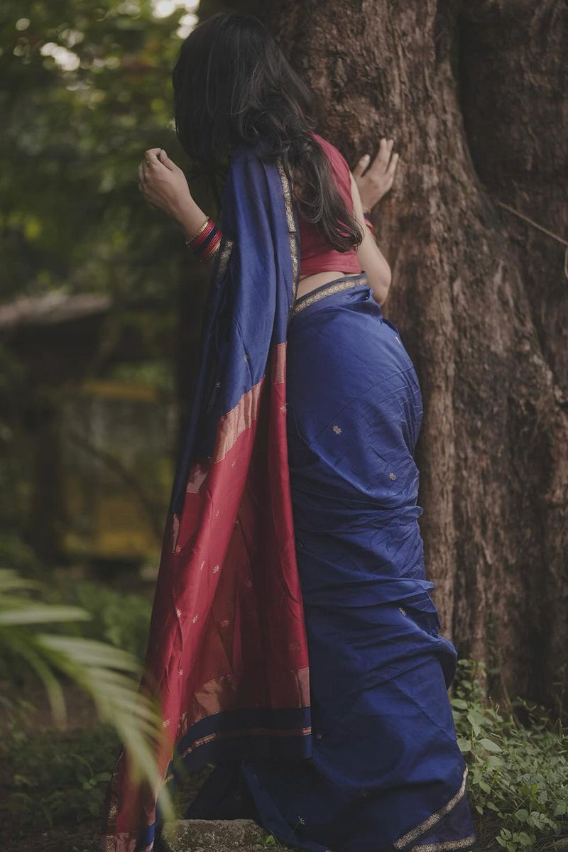 Exquisite Navy Blue Cotton Silk Saree With Ailurophile Blouse Pieced