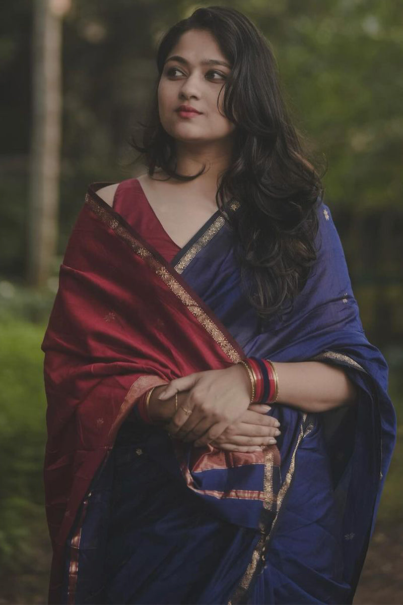 Exquisite Navy Blue Cotton Silk Saree With Ailurophile Blouse Pieced