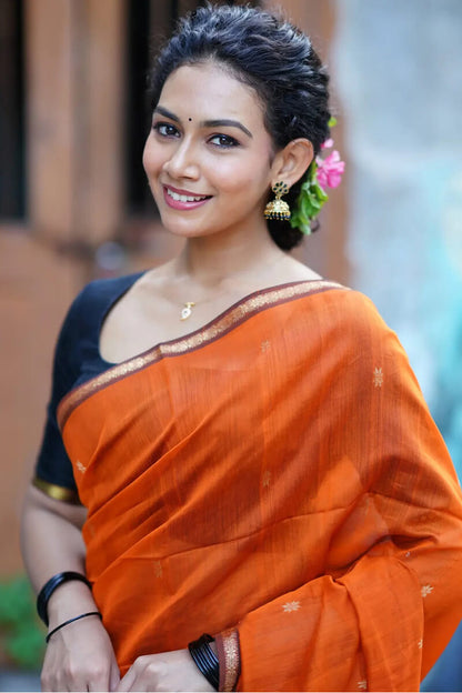 Enigmatic Orange Cotton Silk Saree With Panache Blouse Piece