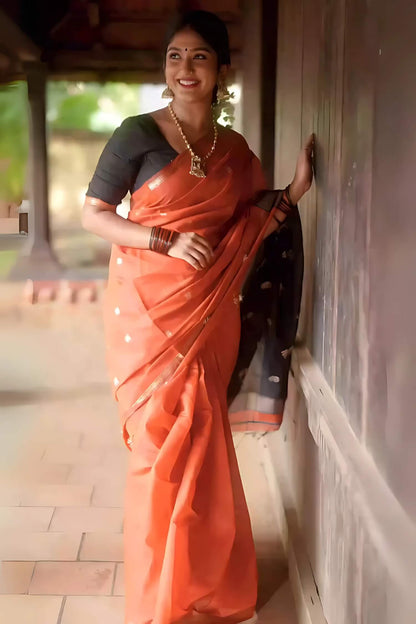 Glorious Orange Cotton Silk Saree With Entrancing Blouse Piece