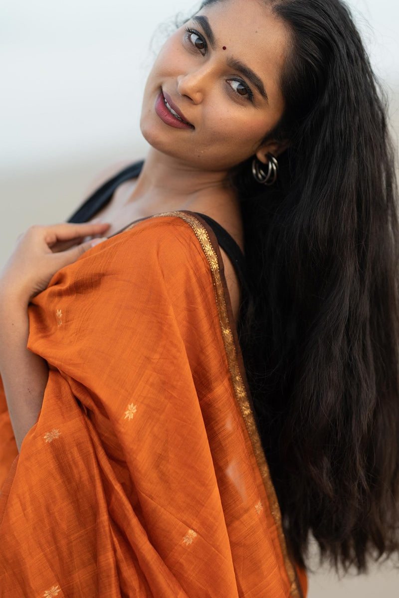 Unique Orange Cotton Silk Saree With Energetic Blouse Piece