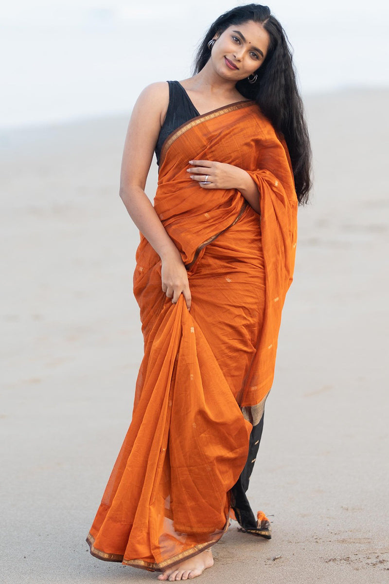 Unique Orange Cotton Silk Saree With Energetic Blouse Piece