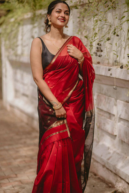 Load image into Gallery viewer, Efflorescence Red Cotton Silk Saree With Lagniappe Blouse Piece
