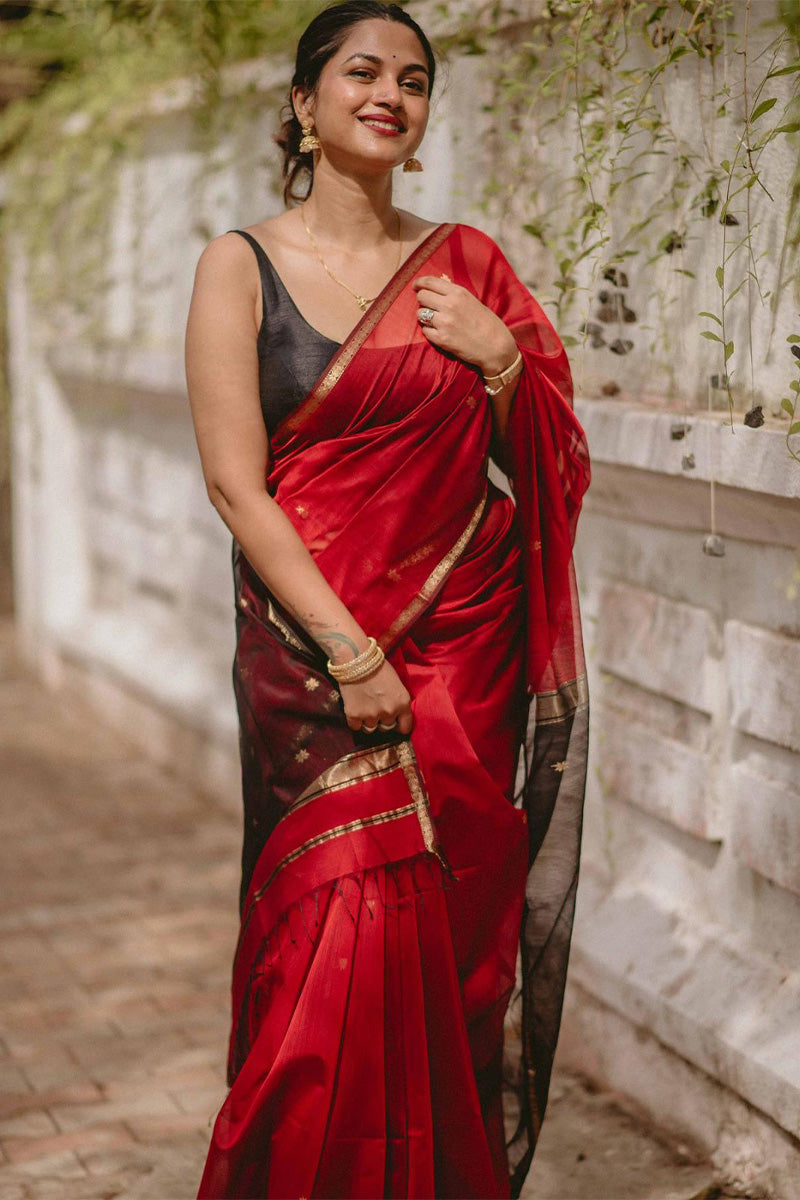 Efflorescence Red Cotton Silk Saree With Lagniappe Blouse Piece