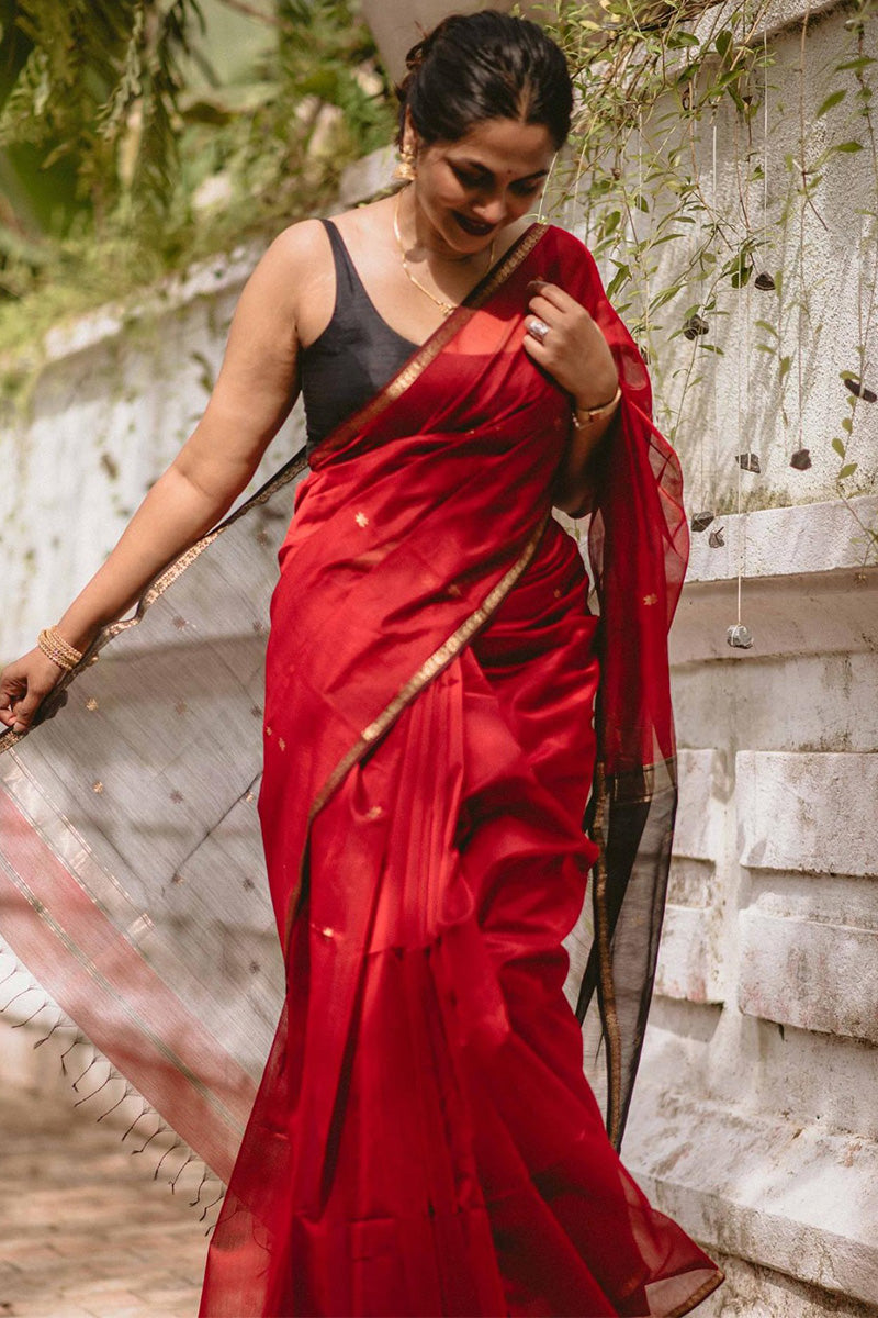 Efflorescence Red Cotton Silk Saree With Lagniappe Blouse Piece