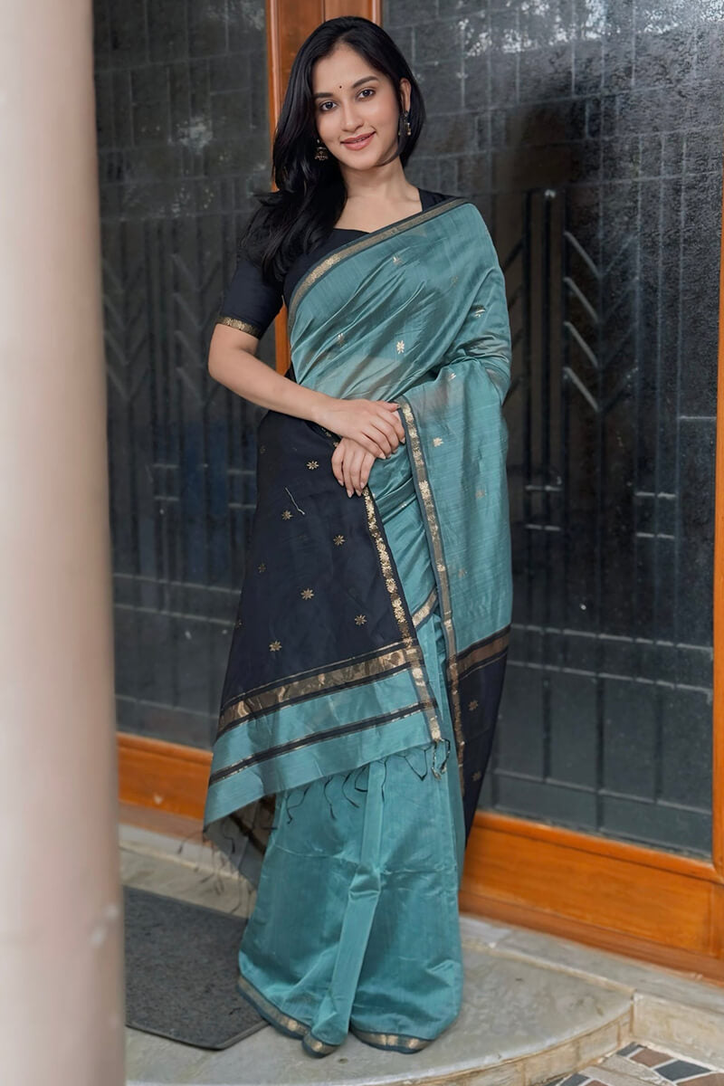 Classy Sea Green Cotton Silk Saree With Gratifying  Blouse Piece