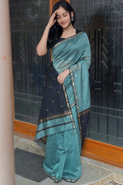 Classy Sea Green Cotton Silk Saree With Gratifying  Blouse Piece