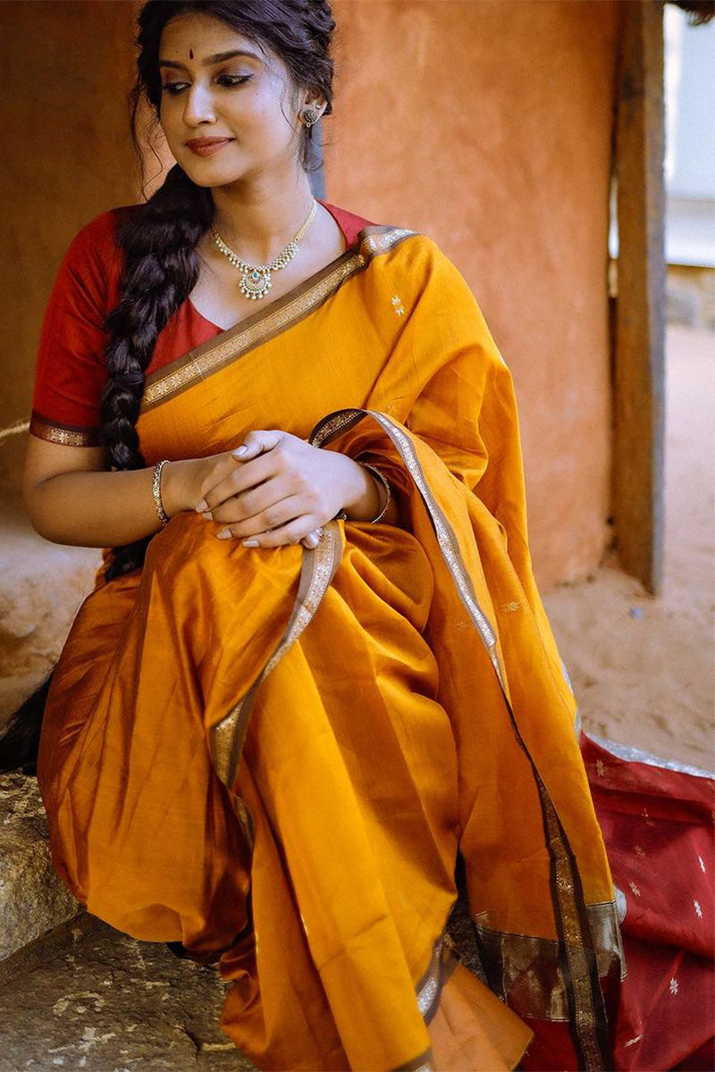 Serendipity Yellow Cotton Silk Saree With Enchanting Blouse Piece