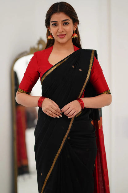 Embellished Black Cotton Silk Saree With Ethereal Blouse Piece