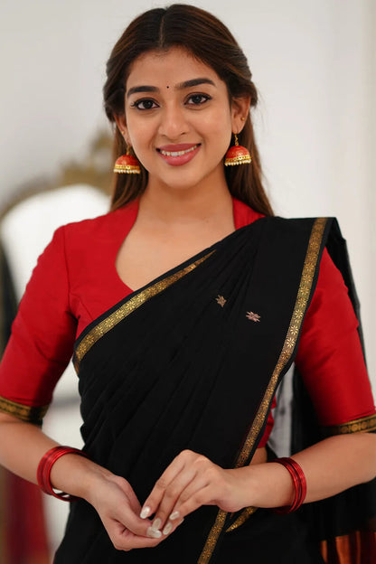 Embellished Black Cotton Silk Saree With Ethereal Blouse Piece