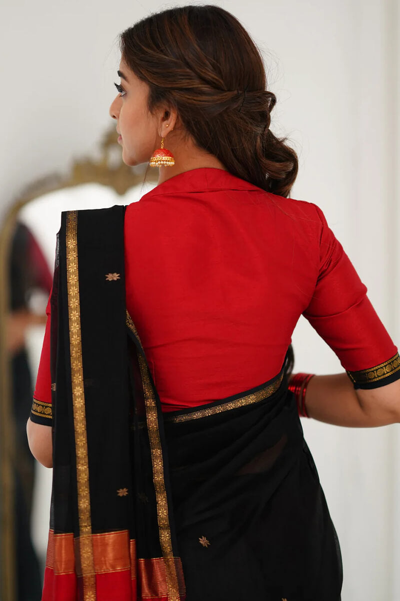 Embellished Black Cotton Silk Saree With Ethereal Blouse Piece