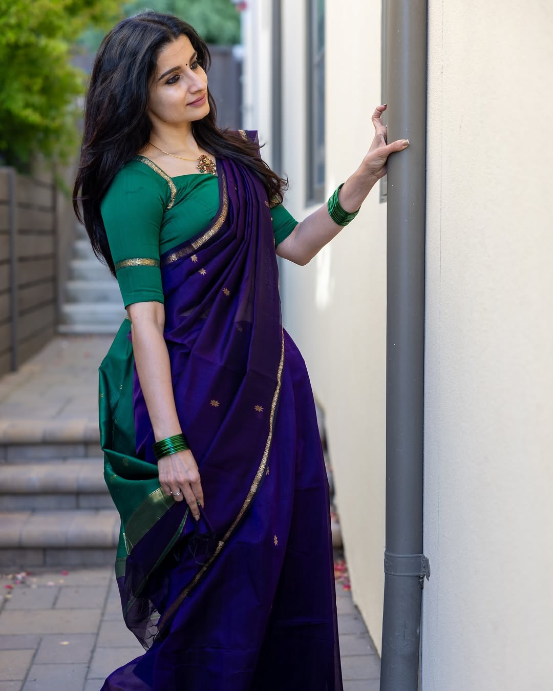 Traditional Purple Cotton Silk Saree With Verdant Blouse Piece