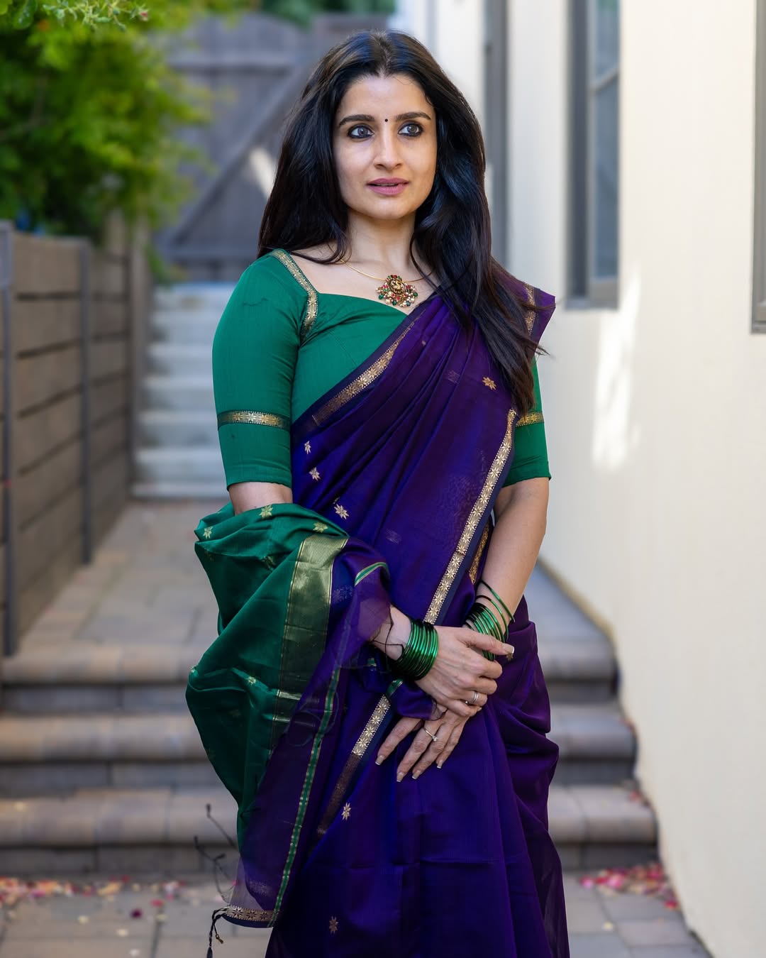 Traditional Purple Cotton Silk Saree With Verdant Blouse Piece