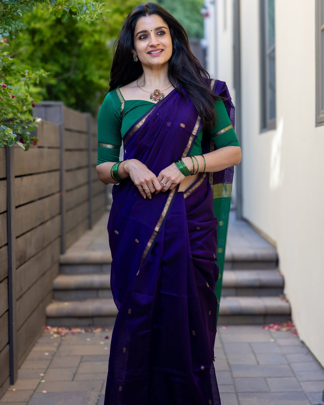 Traditional Purple Cotton Silk Saree With Verdant Blouse Piece