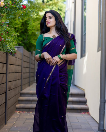 Traditional Purple Cotton Silk Saree With Verdant Blouse Piece