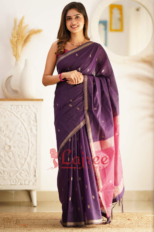 Load image into Gallery viewer, Flattering Purple Cotton Silk Saree With Extraordinary Blouse Piece
