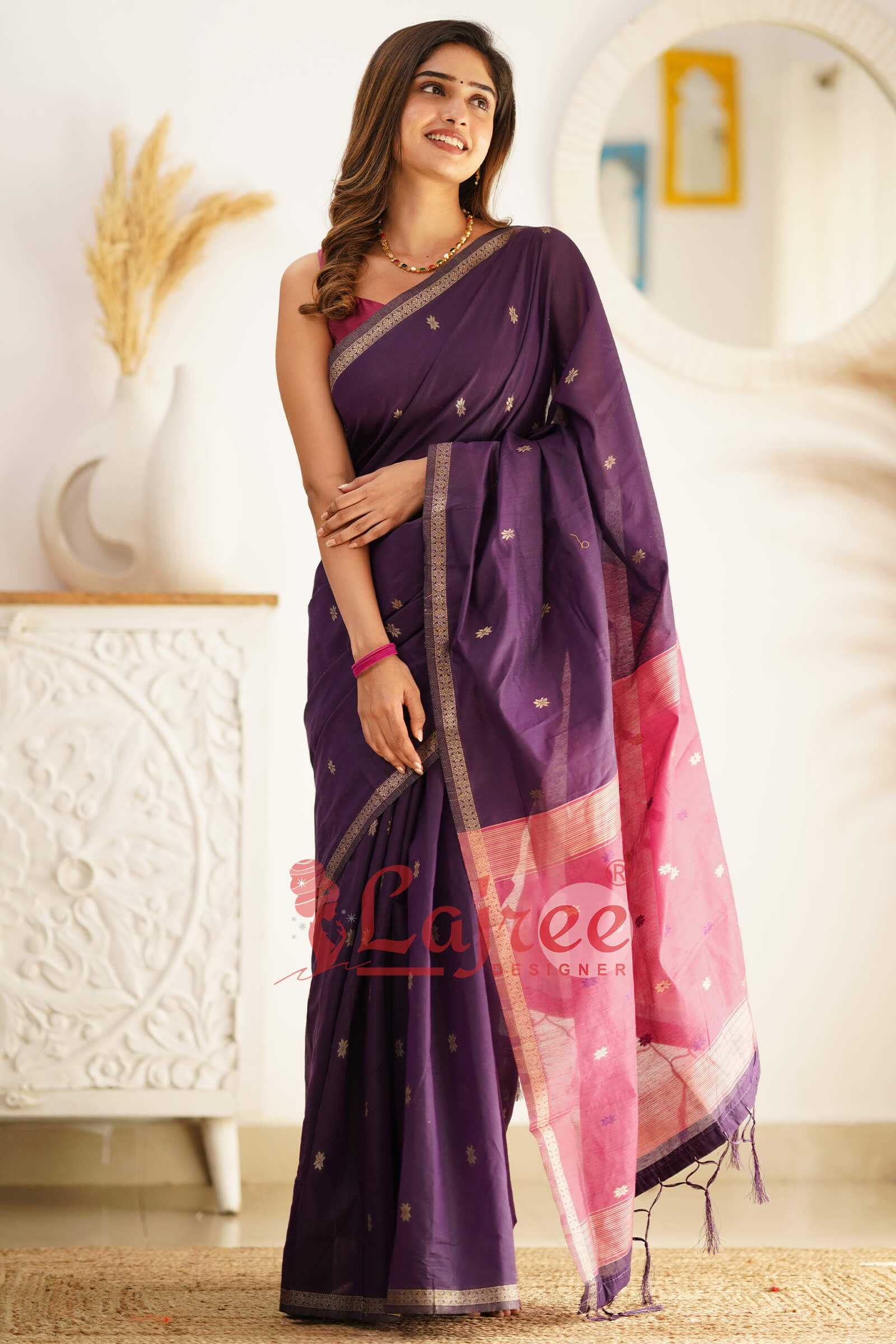 Flattering Purple Cotton Silk Saree With Extraordinary Blouse Piece