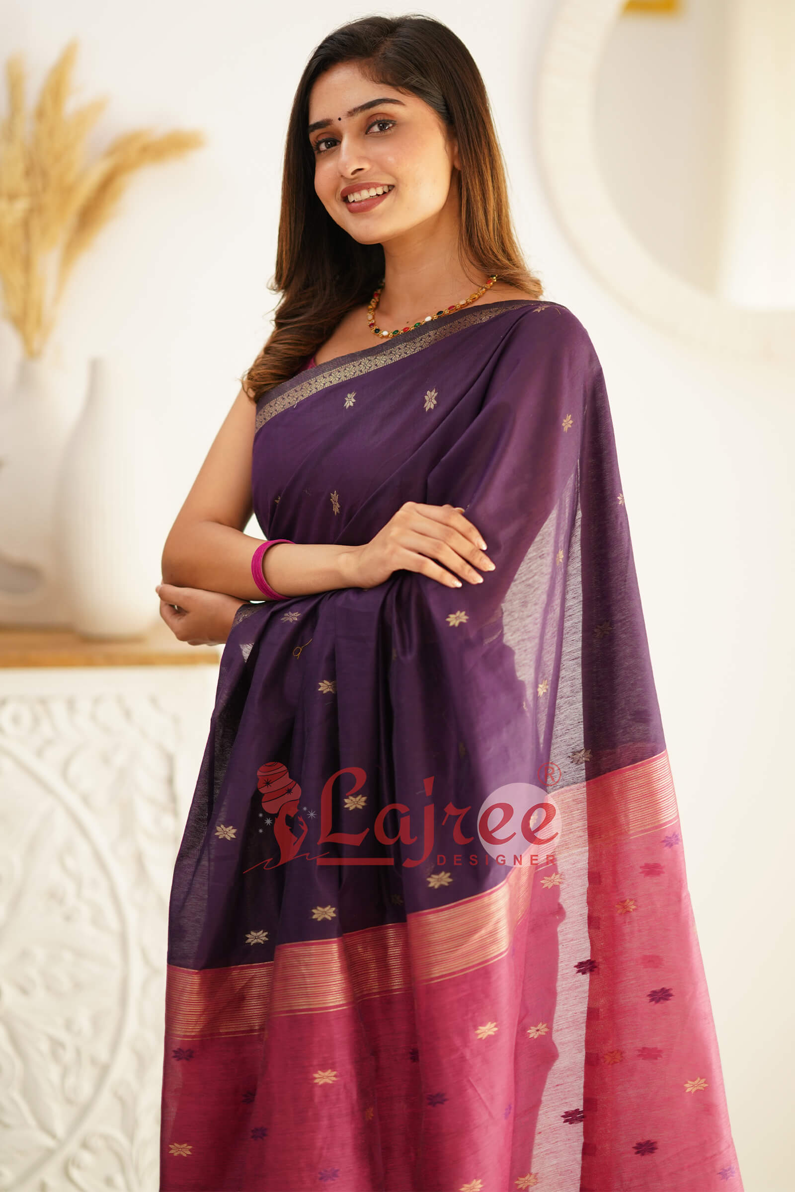 Flattering Purple Cotton Silk Saree With Extraordinary Blouse Piece