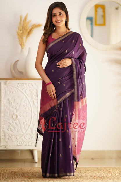 Flattering Purple Cotton Silk Saree With Extraordinary Blouse Piece