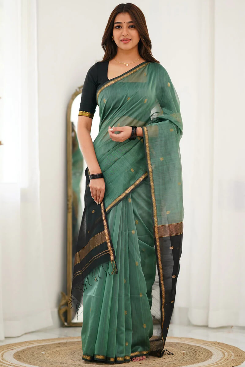 Vibrant Sea Green Cotton Silk Saree With Inimitable Blouse Piece