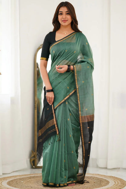 Vibrant Sea Green Cotton Silk Saree With Inimitable Blouse Piece