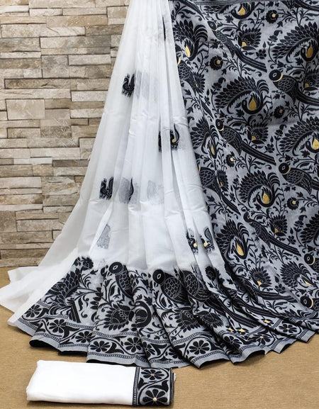 A dreamy White Cotton Silk Saree With Comely Blouse Piece