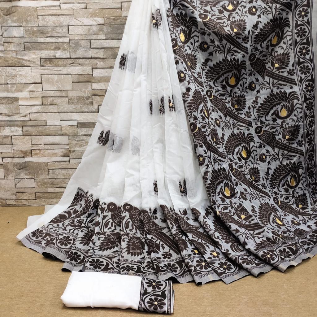 Beauteous White Cotton Silk Saree With Chatoyant Blouse Piece
