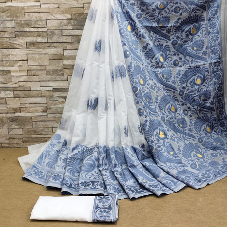Womens Semi Cotton Sky Blue Butta Design Saree with Tussle SCS39