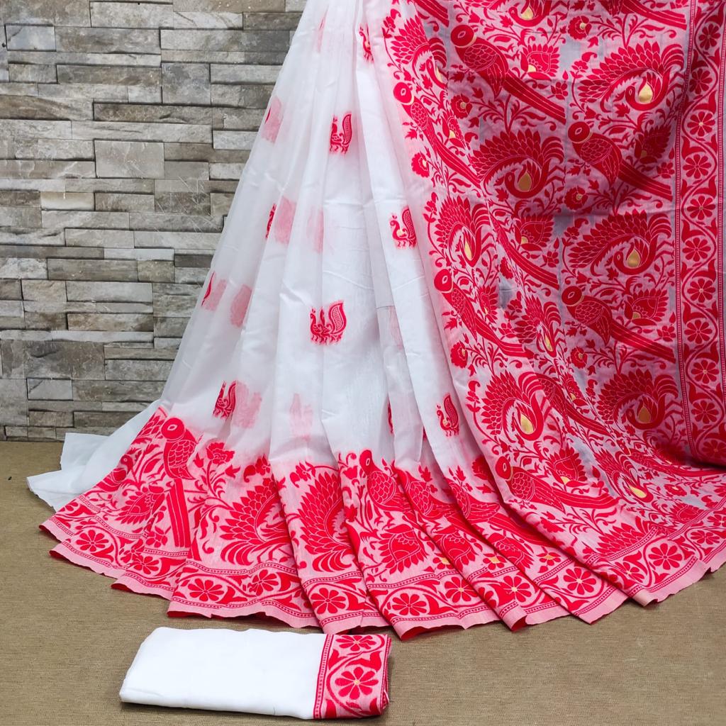Woebegone White Cotton Silk Saree With Devastating Blouse Piece